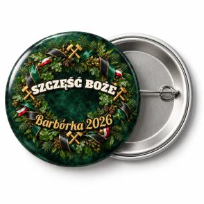 Przypinka Szczęść Boże Wieniec: przypinka na Barbórkę z napisem SZCZĘŚĆ BOŻE oraz polem napis dolny (np. Barbórka 2026) – przód i aluminiowy tył z agrafką