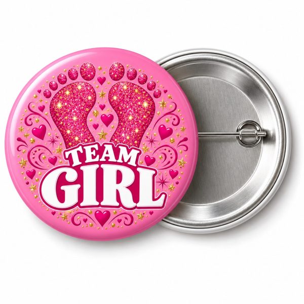 Przypinka Team Girl Stópki: kolorowa przypinka na baby shower z napisem TEAM GIRL – przód i aluminiowy tył z agrafką