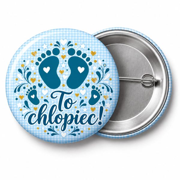 Przypinka To Chłopiec: kolorowa przypinka na baby shower z napisem To chłopiec! – przód i aluminiowy tył z agrafką