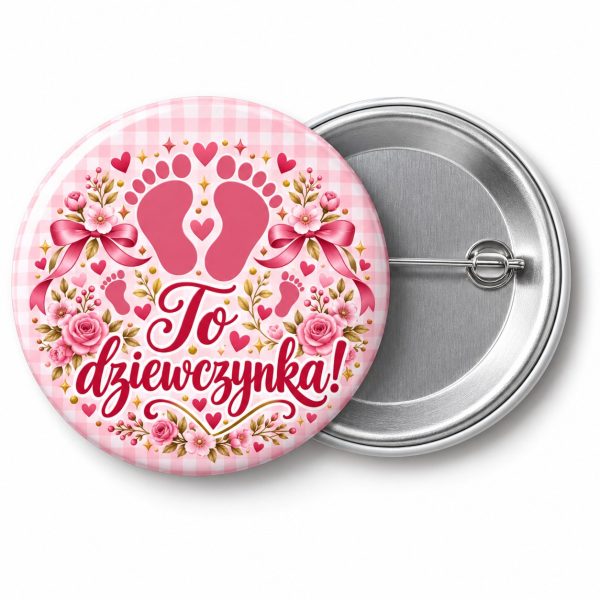 Przypinka To Dziewczynka: kolorowa przypinka na baby shower z napisem To dziewczynka! – przód i aluminiowy tył z agrafką