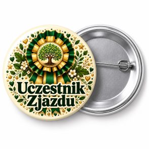 Przypinka Uczestnik Zjazdu Rodzinnego: kolorowa przypinka na zjazd rodzinny z napisem Uczestnik Zjazdu – przód i aluminiowy tył z agrafką