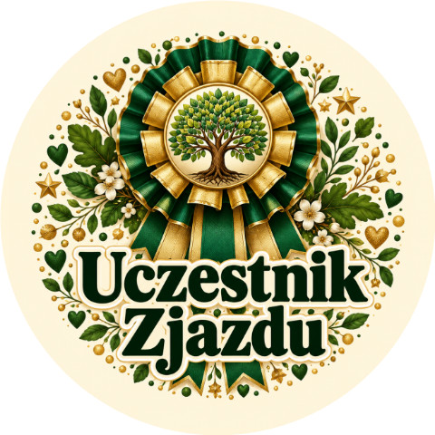 Wzór: Przypinka Uczestnik Zjazdu Rodzinnego – pastelowa grafika z napisem Uczestnik Zjazdu