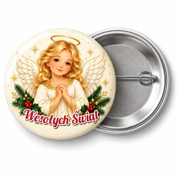 Przypinka Wesołych Świąt Aniołek: przypinka na Boże Narodzenie z napisem Wesołych Świąt – przód i aluminiowy tył z agrafką
