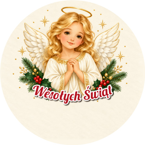 Wzór: Przypinka Wesołych Świąt Aniołek – świąteczna grafika z napisem Wesołych Świąt