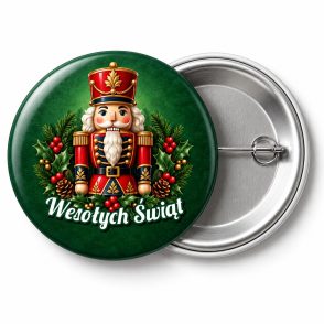 Przypinka Wesołych Świąt Dziadek do Orzechów: przypinka na Boże Narodzenie z napisem Wesołych Świąt – przód i aluminiowy tył z agrafką
