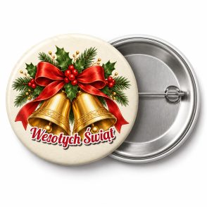 Przypinka Wesołych Świąt Dzwonki: przypinka na Boże Narodzenie z napisem Wesołych Świąt – przód i aluminiowy tył z agrafką