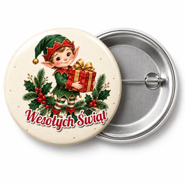 Przypinka Wesołych Świąt Elf: przypinka na Boże Narodzenie z napisem Wesołych Świąt – przód i aluminiowy tył z agrafką