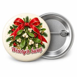 Przypinka Wesołych Świąt Jemioła: przypinka na Boże Narodzenie z napisem Wesołych Świąt – przód i aluminiowy tył z agrafką