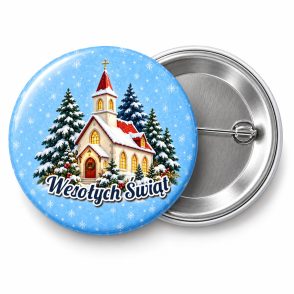 Przypinka Wesołych Świąt Kościółek: przypinka na Boże Narodzenie z napisem Wesołych Świąt – przód i aluminiowy tył z agrafką