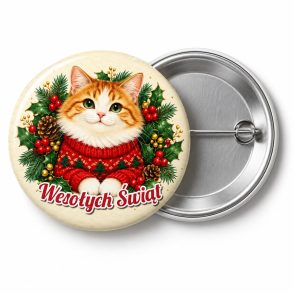 Przypinka Wesołych Świąt Kotek: przypinka na Boże Narodzenie z napisem Wesołych Świąt – przód i aluminiowy tył z agrafką