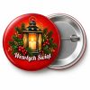 Przypinka Wesołych Świąt Latarnia: przypinka na Boże Narodzenie z napisem Wesołych Świąt – przód i aluminiowy tył z agrafką
