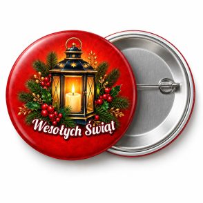 Przypinka Wesołych Świąt Latarnia: przypinka na Boże Narodzenie z napisem Wesołych Świąt – przód i aluminiowy tył z agrafką