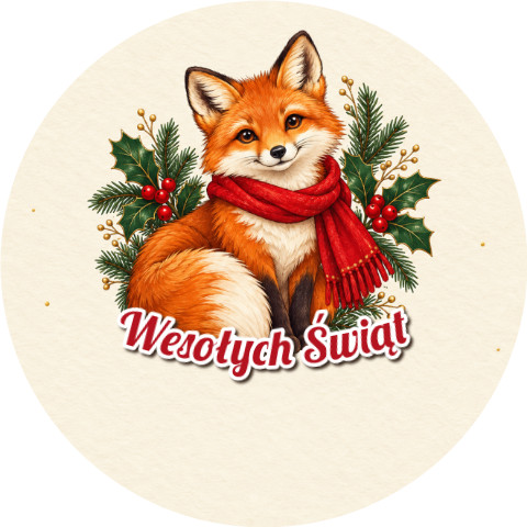 Wzór: Przypinka Wesołych Świąt Lisek – świąteczna grafika z napisem Wesołych Świąt