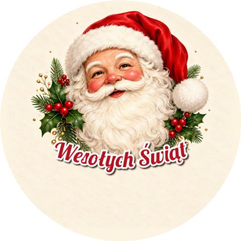 Wzór: Przypinka Wesołych Świąt Mikołaj – świąteczna grafika z napisem Wesołych Świąt