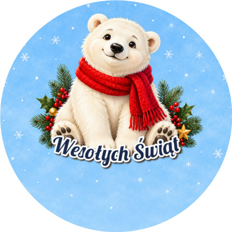 Wzór: Przypinka Wesołych Świąt Miś Polarny – świąteczna grafika z napisem Wesołych Świąt