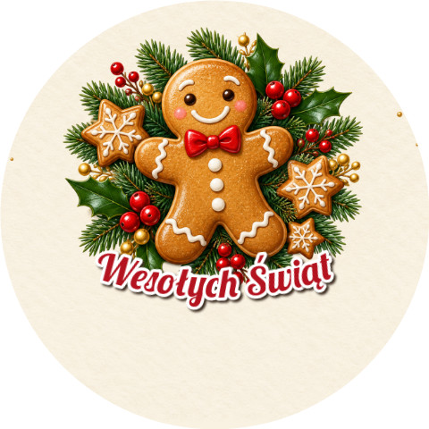 Wzór: Przypinka Wesołych Świąt Pierniczek – świąteczna grafika z napisem Wesołych Świąt