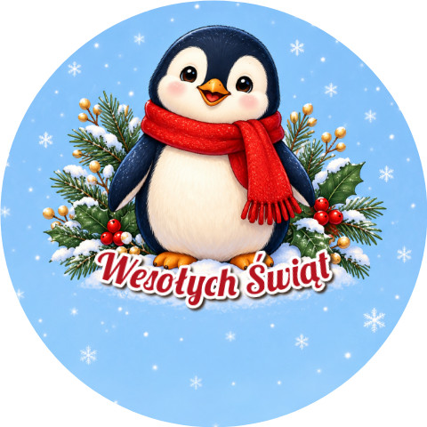 Wzór: Przypinka Wesołych Świąt Pingwin – świąteczna grafika z napisem Wesołych Świąt