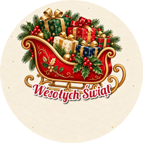 Wzór: Przypinka Wesołych Świąt Sanie – świąteczna grafika z napisem Wesołych Świąt