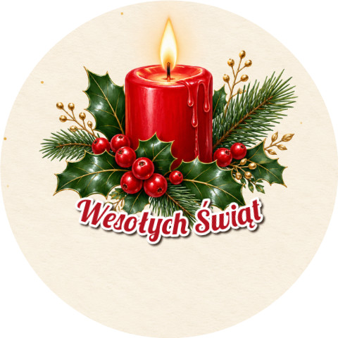Wzór: Przypinka Wesołych Świąt Świeca – świąteczna grafika z napisem Wesołych Świąt