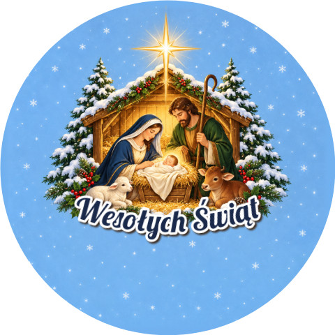 Wzór: Przypinka Wesołych Świąt Szopka – świąteczna grafika z napisem Wesołych Świąt