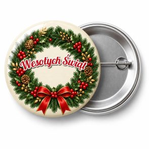 Przypinka Wesołych Świąt Wieniec: przypinka na Boże Narodzenie z napisem Wesołych Świąt – przód i aluminiowy tył z agrafką