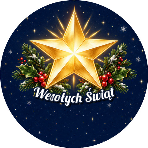 Wzór: Przypinka Wesołych Świąt Złota Gwiazda – świąteczna grafika z napisem Wesołych Świąt