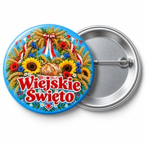 Przypinka Wiejskie Święto: kolorowa przypinka na dożynki z napisem Wiejskie Święto – przód i aluminiowy tył z agrafką