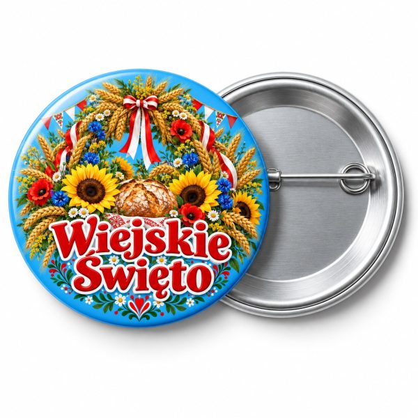 Przypinka Wiejskie Święto: kolorowa przypinka na dożynki z napisem Wiejskie Święto – przód i aluminiowy tył z agrafką
