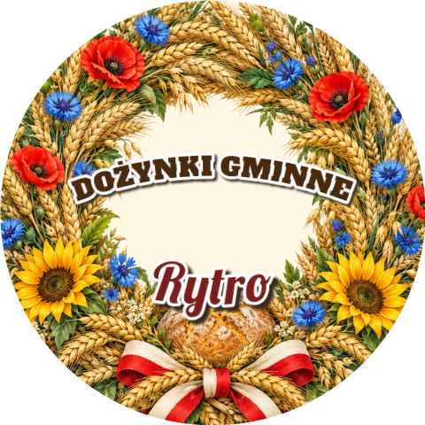 Wzór: Przypinka Wieniec Dożynkowy – napis DOŻYNKI GMINNE i pole miejscowość na pastelowym tle