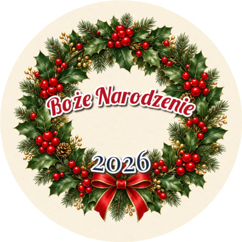Wzór: Przypinka Wieniec z Ostrokrzewu – napis Boże Narodzenie i pole rok na świątecznej grafice