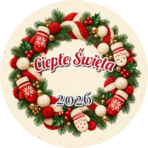 Wzór: Przypinka Wieniec z Wełny – napis Ciepłe Święta i pole rok na świątecznej grafice