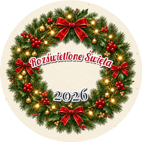 Wzór: Przypinka Wieniec ze Światełkami – napis Rozświetlone Święta i pole rok na świątecznej grafice