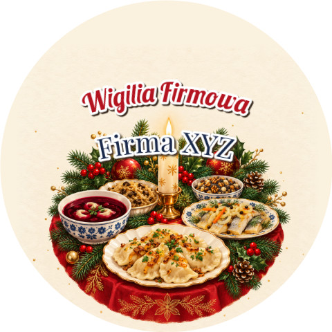 Wzór: Przypinka Wigilia Firmowa – napis Wigilia Firmowa i pole firma na świątecznej grafice