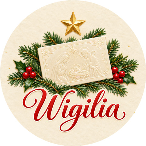 Wzór: Przypinka Wigilia Opłatek – świąteczna grafika z napisem Wigilia