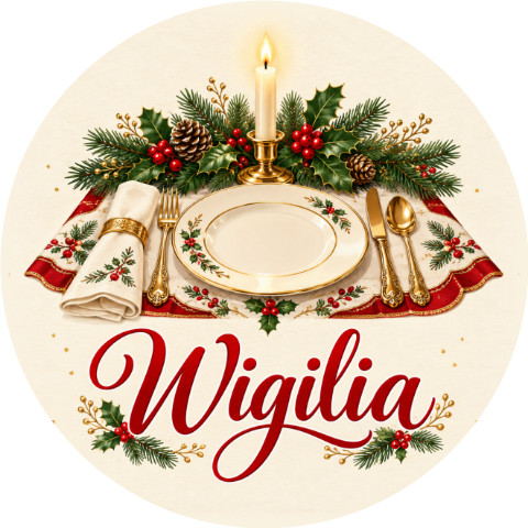 Wzór: Przypinka Wigilia Stół – świąteczna grafika z napisem Wigilia