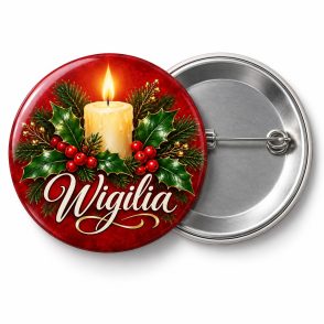 Przypinka Wigilia Świeca: przypinka na Boże Narodzenie z napisem Wigilia – przód i aluminiowy tył z agrafką
