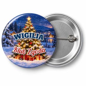 Przypinka Wigilia w Klubie Seniora: kolorowa przypinka na Dzień Seniora z napisem WIGILIA oraz polem nazwa klubu (np. Klub Zgoda) – przód i aluminiowy tył z agrafką