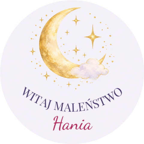 Wzór: Przypinka Witaj Maleństwo – napis WITAJ MALEŃSTWO i pole imię dziecka na pastelowym tle