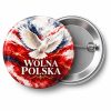 Przypinka Wolna Polska Biały Gołąb: przypinka na 11 Listopada z napisem WOLNA POLSKA – przód i aluminiowy tył z agrafką