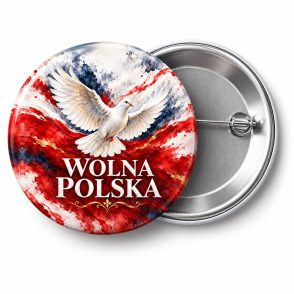 Przypinka Wolna Polska Biały Gołąb: przypinka na 11 Listopada z napisem WOLNA POLSKA – przód i aluminiowy tył z agrafką