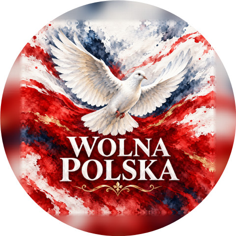 Wzór: Przypinka Wolna Polska Biały Gołąb – biało-czerwona grafika z napisem WOLNA POLSKA