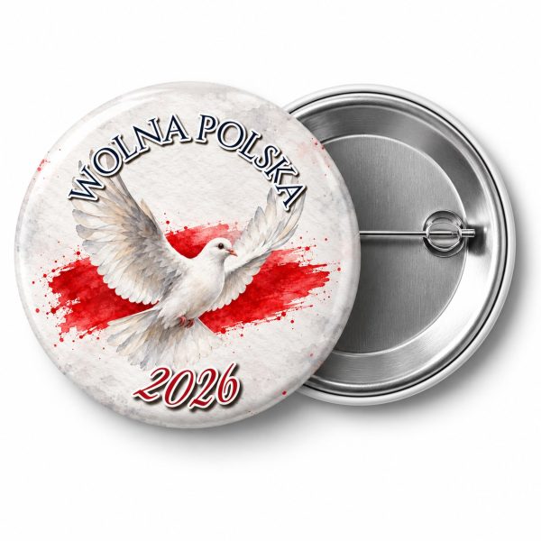 Przypinka Wolna Polska Gołąb: przypinka na 11 Listopada z napisem WOLNA POLSKA oraz polem rok (np. 2026) – przód i aluminiowy tył z agrafką
