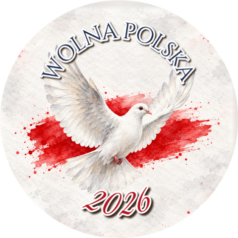 Wzór: Przypinka Wolna Polska Gołąb – napis WOLNA POLSKA i pole rok na biało-czerwonej grafice