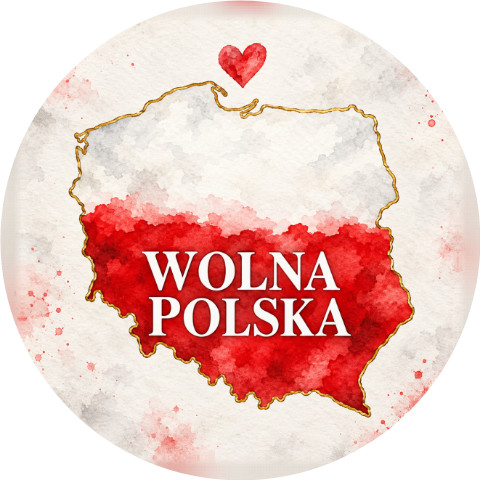Wzór: Przypinka Wolna Polska Mapa – biało-czerwona grafika z napisem WOLNA POLSKA