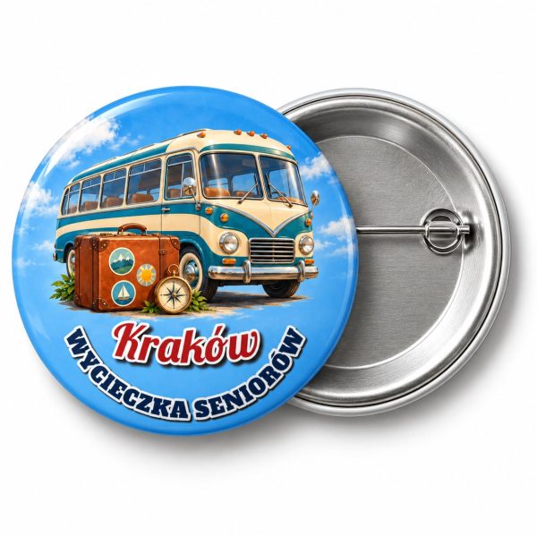 Przypinka Wycieczka Seniorów: kolorowa przypinka na Dzień Seniora z napisem WYCIECZKA SENIORÓW oraz polem cel wycieczki (np. Kraków) – przód i aluminiowy tył z agrafką