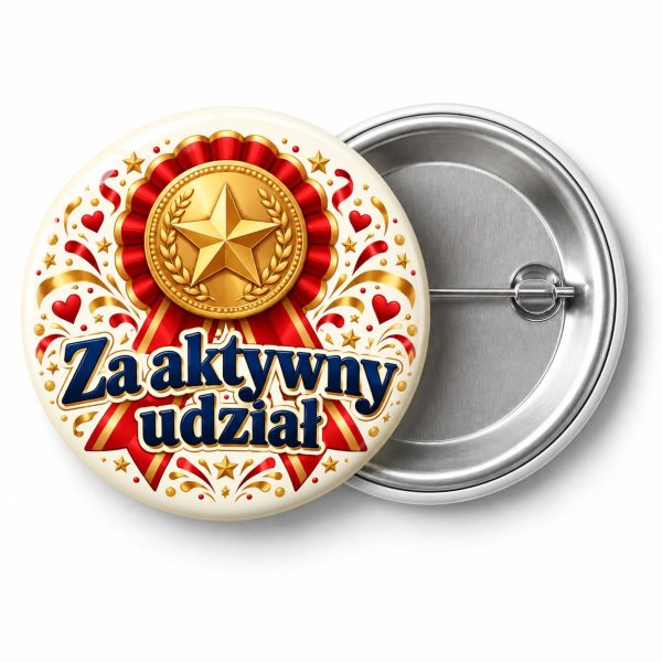 Przypinka Za Aktywny Udział Seniora: kolorowa przypinka na Dzień Seniora z napisem Za aktywny udział – przód i aluminiowy tył z agrafką