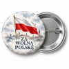 Przypinka Za Wolną Polskę Flaga: przypinka na 11 Listopada z napisem ZA WOLNĄ POLSKĘ – przód i aluminiowy tył z agrafką