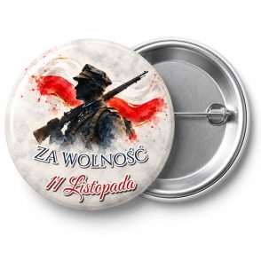 Przypinka Za Wolność Legionista: przypinka na 11 Listopada z napisem ZA WOLNOŚĆ oraz polem napis dolny (np. 11 Listopada) – przód i aluminiowy tył z agrafką