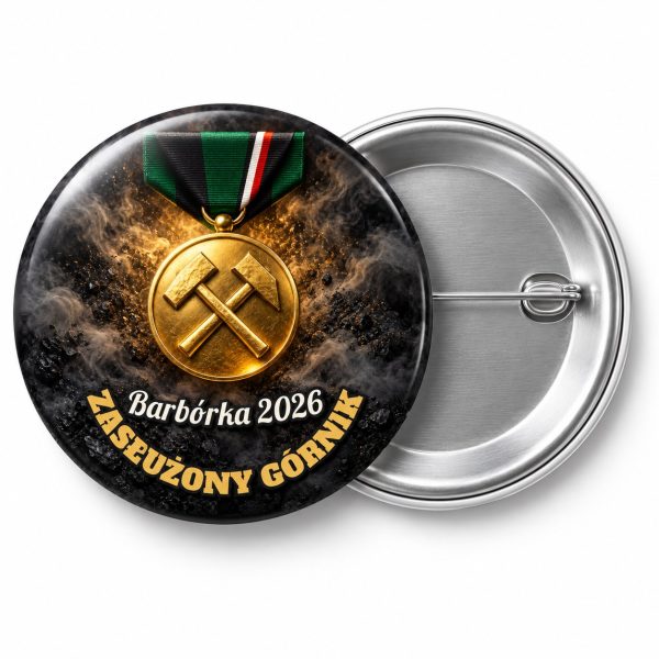 Przypinka Zasłużony Górnik Medal: przypinka na Barbórkę z napisem ZASŁUŻONY GÓRNIK oraz polem napis górny (np. Barbórka 2026) – przód i aluminiowy tył z agrafką