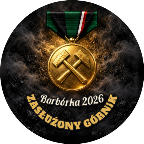 Wzór: Przypinka Zasłużony Górnik Medal – napis ZASŁUŻONY GÓRNIK i pole napis górny na grafice w górniczym stylu